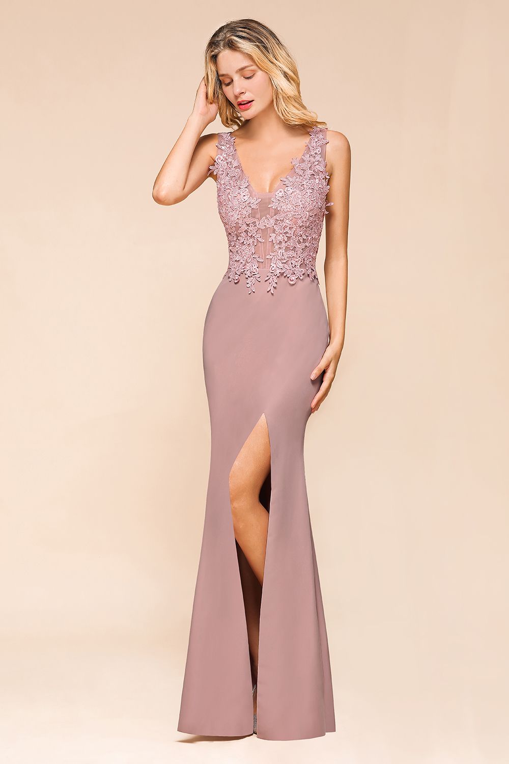 Dusty Pink Long Mermaid Lace Sleeveless Evening Gowns