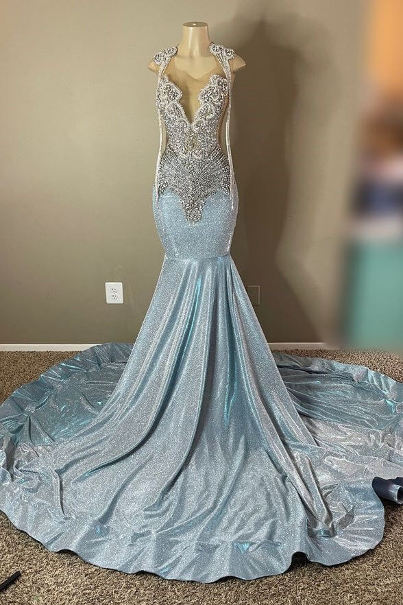 Sparkle Long Mermaid Appliques Lace Backless Prom Dress with Beads