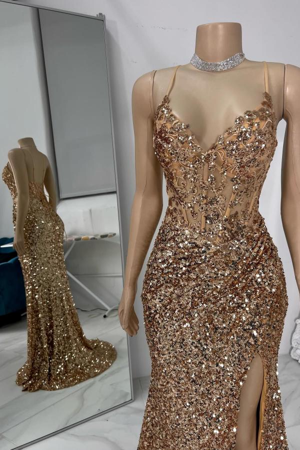 Mermaid Long Spaghetti Straps V Neck Backless Prom Dress with Slit
