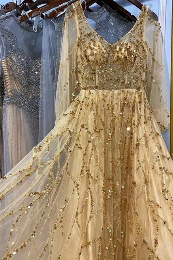 Long A-line V-neck Tulle Beading Formal Prom Dress with Sleeves