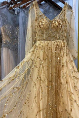 Long A-line V-neck Tulle Beading Formal Prom Dress with Sleeves