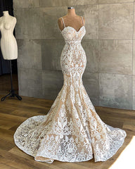 Sexy Long Sweetheart Spaghetti Straps Appliques Lace Floor Length Mermaid Wedding Dress