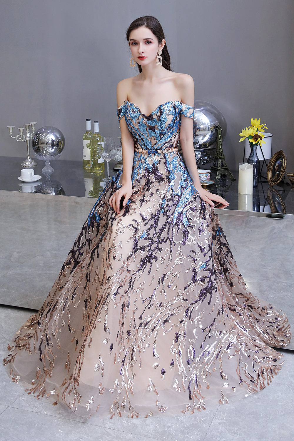 Elegant Multi-Color Long A-line Off the Shoulder Sequins Prom Dresses