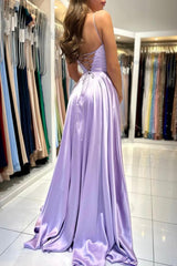 Simple Long A-line Spaghetti Straps Satin Backless Prom Dresses