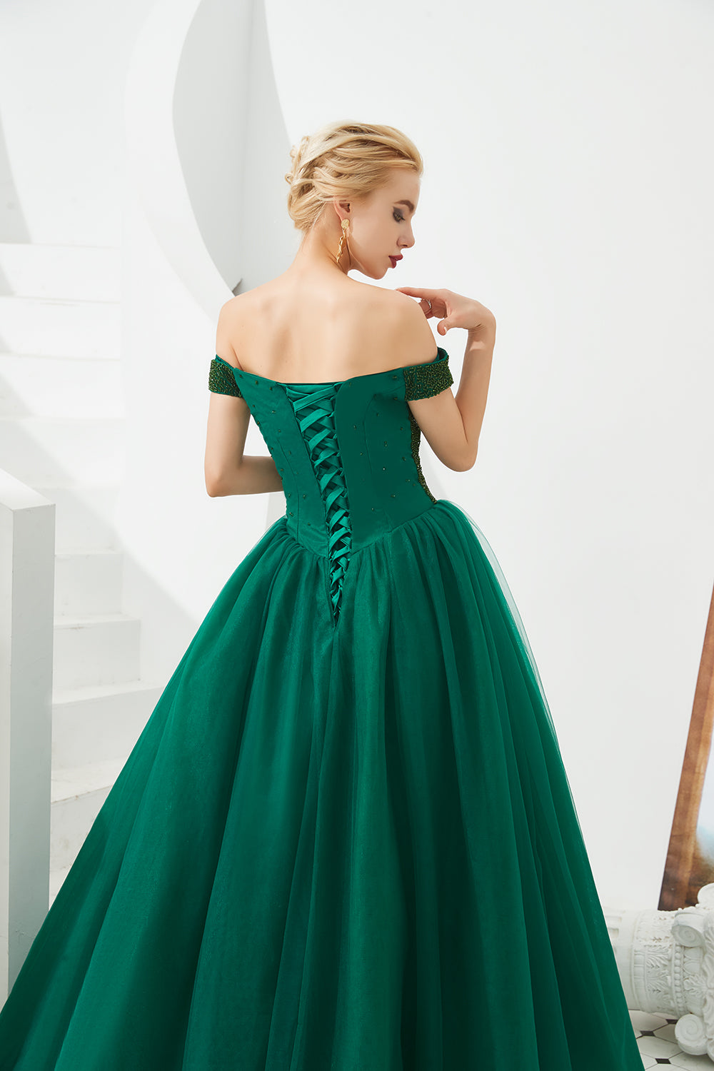 Long A-line Off the Shoulder Tulle Sequin Formal Dresses