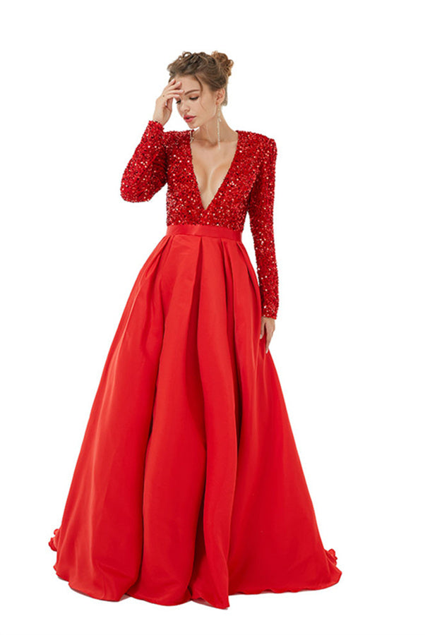 Charming Long Sleeves A-line V-neck Satin Beading Formal Dress With Slit