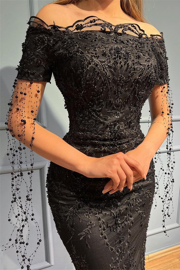 Black Long Mermaid Off the Shoulder Tulle Lace Prom Dress with Sleeves