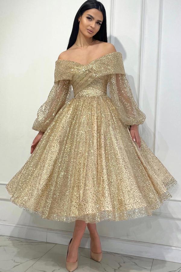 Glitter Short A-line Off the Shoulder Formal Party Dresses with Sleeves