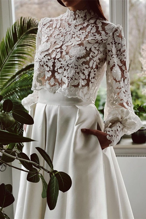 Two Piece Long Sleeves A-line High Neck Satin Lace Wedding Dress with Pockets