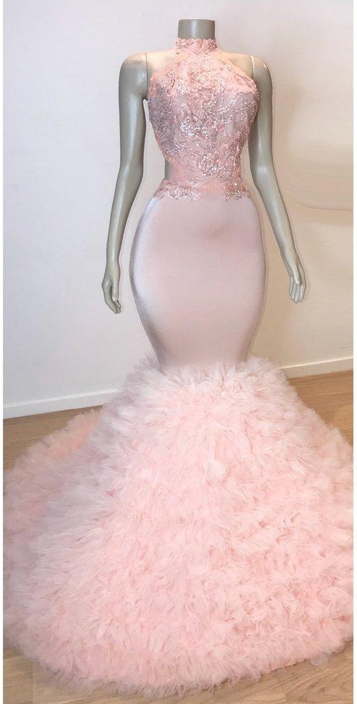 Long Halter Sleeveless Open Back Lace Tulle Mermaid Prom Dress