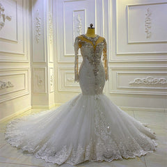 Vintage Bateau Long Sleeve Appliques Lace Beading Sequins Mermaid Wedding Dress
