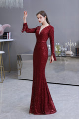 Gorgeous Sequins Long Sleeve V-Neck Mermaid Evening Gowns