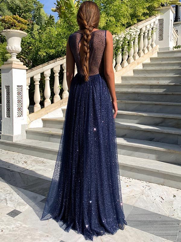 Long A-line Bateau Floor Length Sequins Ruffles Prom Dress With Sequins