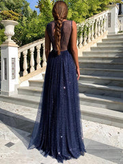 Long A-line Bateau Floor Length Sequins Ruffles Prom Dress With Sequins