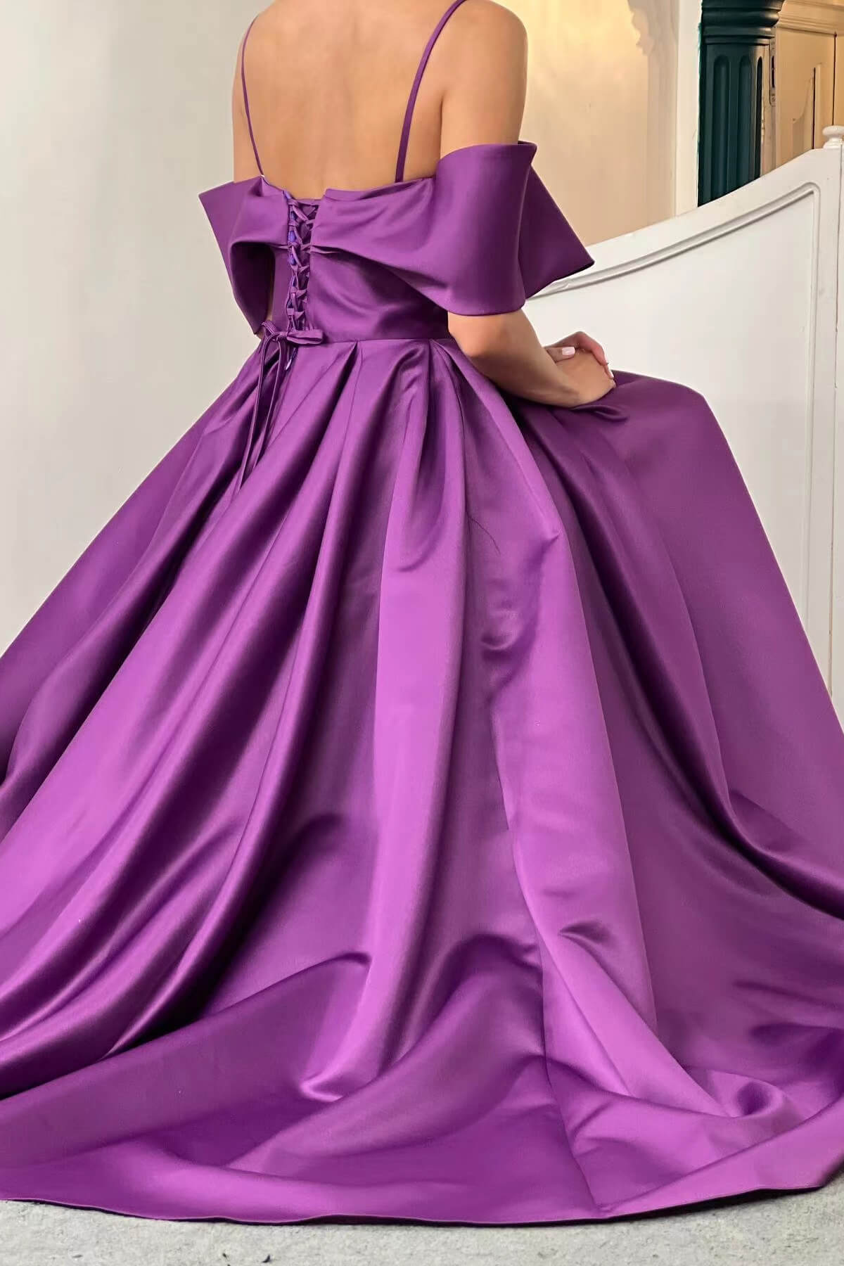 Long A-line Off the Shoulder Spaghetti Straps Satin Prom Dresses
