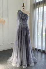 Luxury Long A-line One Shoulder Shinny Beadings Tulle Formal Prom Dresses