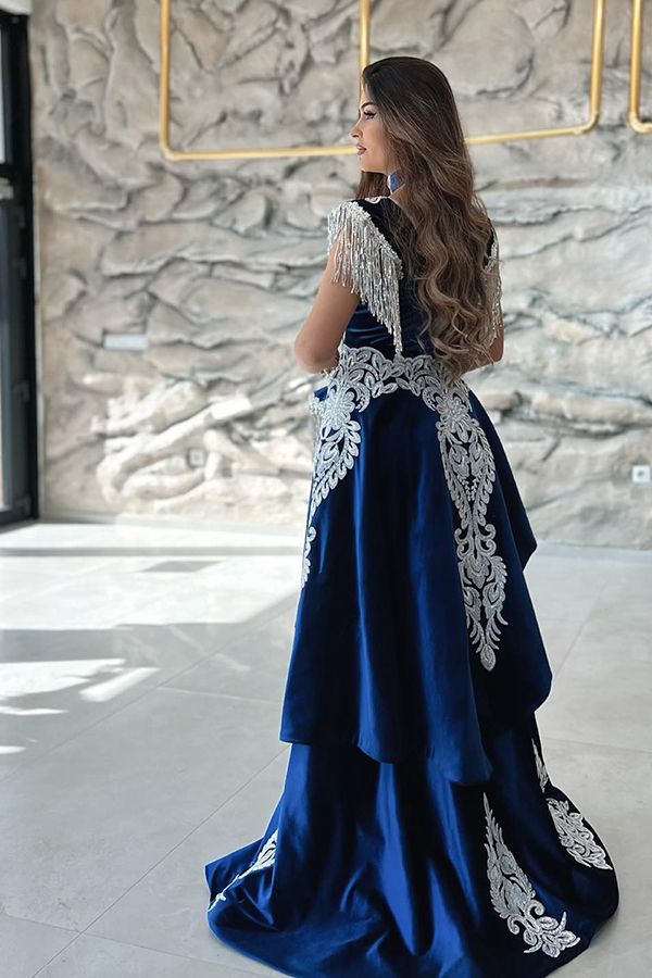 Long Mermaid Velvet Front Slit Evening Fomral Evening Dresses with Appliques Lace