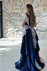 Long Mermaid Velvet Front Slit Evening Fomral Evening Dresses with Appliques Lace