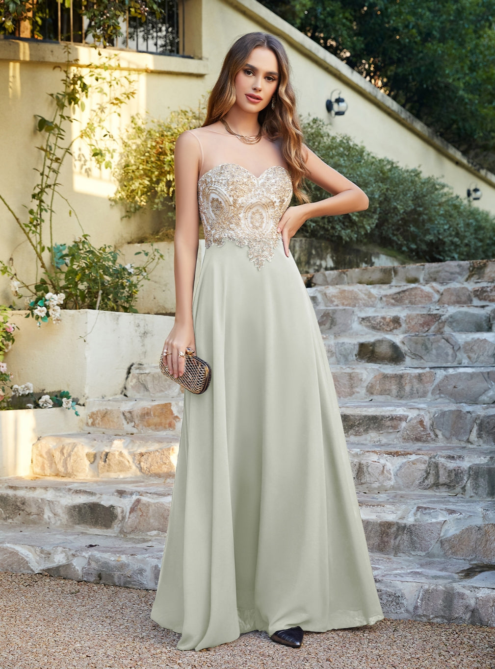 Gorgeous Long A-line Chiffon Lace Sleeveless Formal Evening Dresses