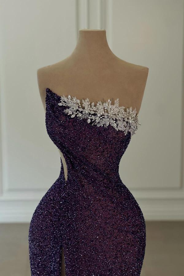 Glitter Long Mermaid Strapless Sequined Formal Prom Dresses with Front Split