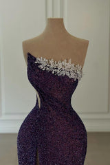 Glitter Long Mermaid Strapless Sequined Formal Prom Dresses with Front Split