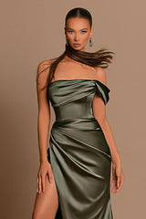 Elegant Long Mermaid One Shoulder Satin Formal Prom Dresses with Slit