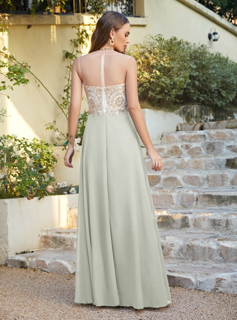 Gorgeous Long A-line Chiffon Lace Sleeveless Formal Evening Dresses