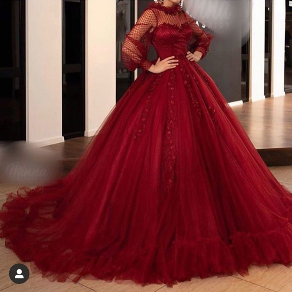 Burgundy Long Sleeve Appliques Lace Tulle Floor Length Ball Gown Prom Dress