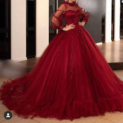 Burgundy Long Sleeve Appliques Lace Tulle Floor Length Ball Gown Prom Dress