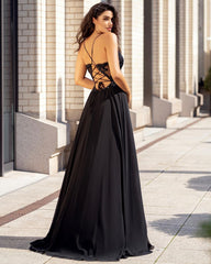 Long A-line V-neck Spaghetti Straps Backless Beading Chiffon Prom Dress With Split