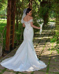 Long Mermaid Off the shoulder Tulle Wedding Dress with Lace Appliques
