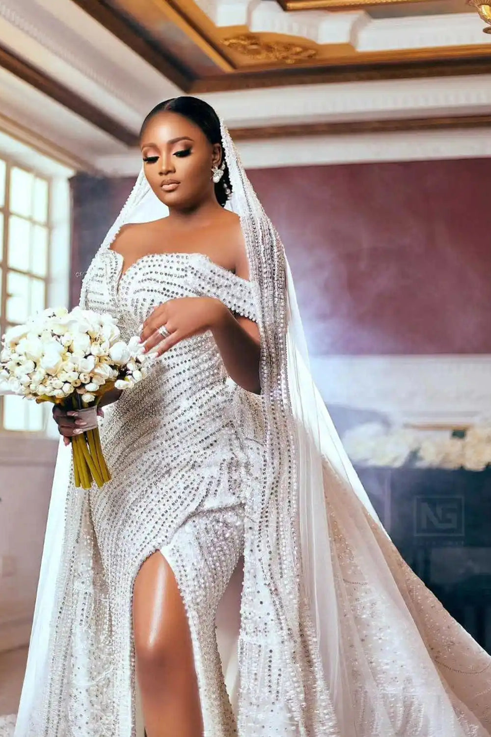 Split Front Off The Shoulder Beads Satin Long Mermaid Wedding Dresses with Detachable Train