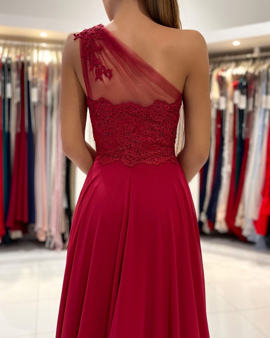 Long A-Line One Shoulder Appliques Lace Ruffles Chiffon Prom Dress With Slit