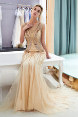 Long Mermaid Golden Sequins Beading Sleeveless Formal Evening Dress
