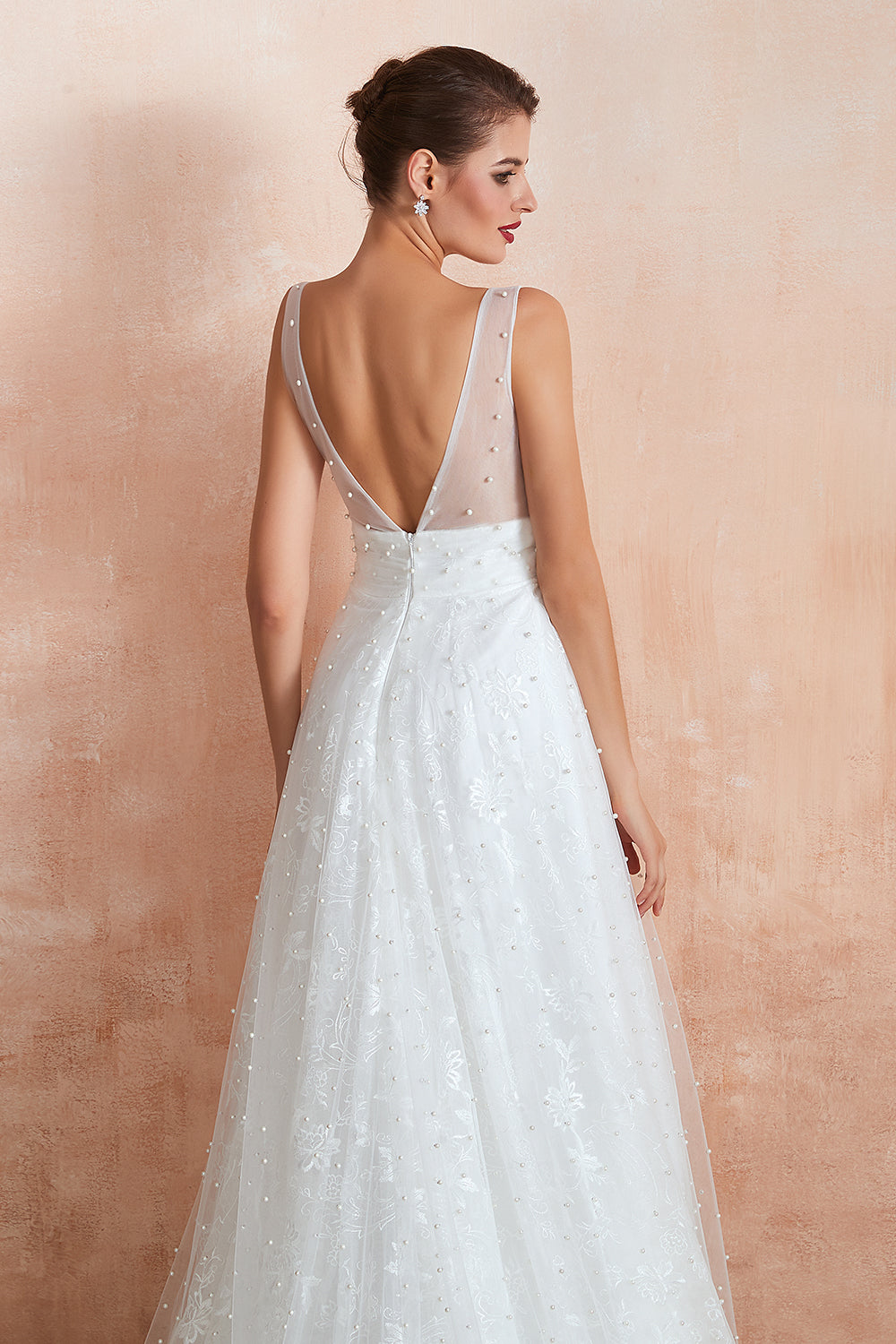 Elegant Long V-neck Tulle A-line White Wedding Dress