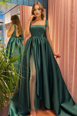 Long A-line Dark Green Front Slit Open Back Prom Dress With Bow
