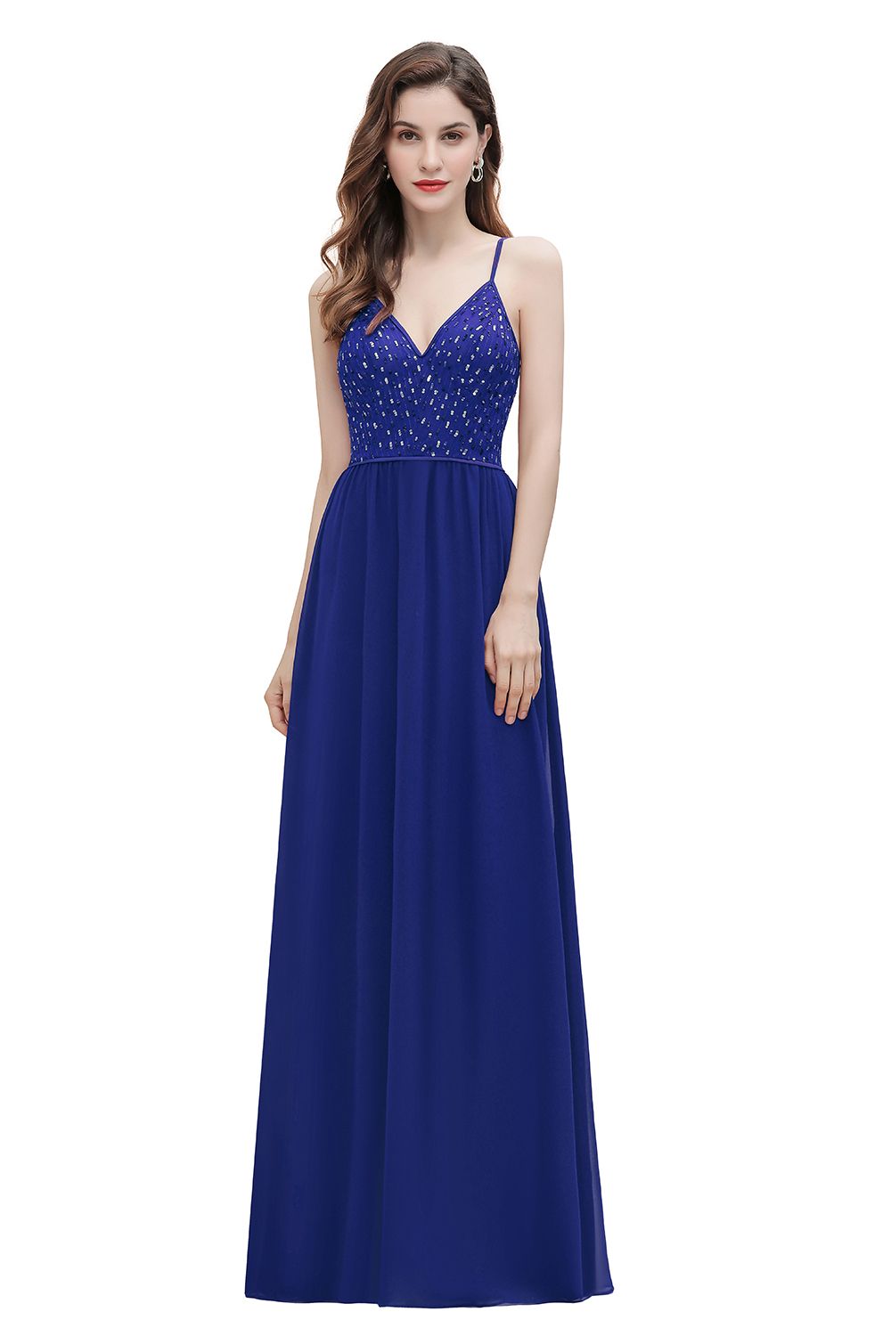 Long V-Neck Spaghetti Straps A-line Chiffon Burgundy Bridesmaid Dress