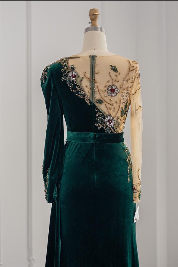 Dark Green Long Mermaid Velvet Tulle Formal Evening Dresses with Sleeves