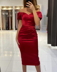 Short Mermaid Satin Off the Shoulder Party Dresses with Sleeves