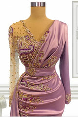 Long Sleeves V-neck Satin Beaded Ruffles Mermaid Formal Evening Dress