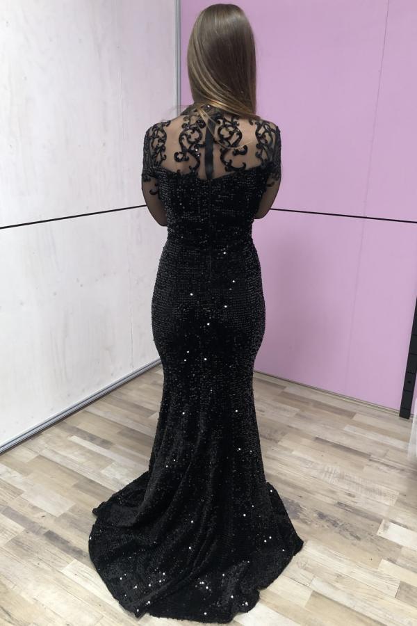 Elegant Black High Neck Long Sleeve Beading Sequins Floor Length Mermaid Prom Dress