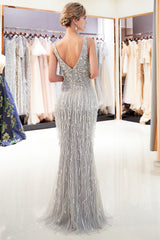 Long V-neck Beading Tulle Backless Mermaid Formal Evening Dress