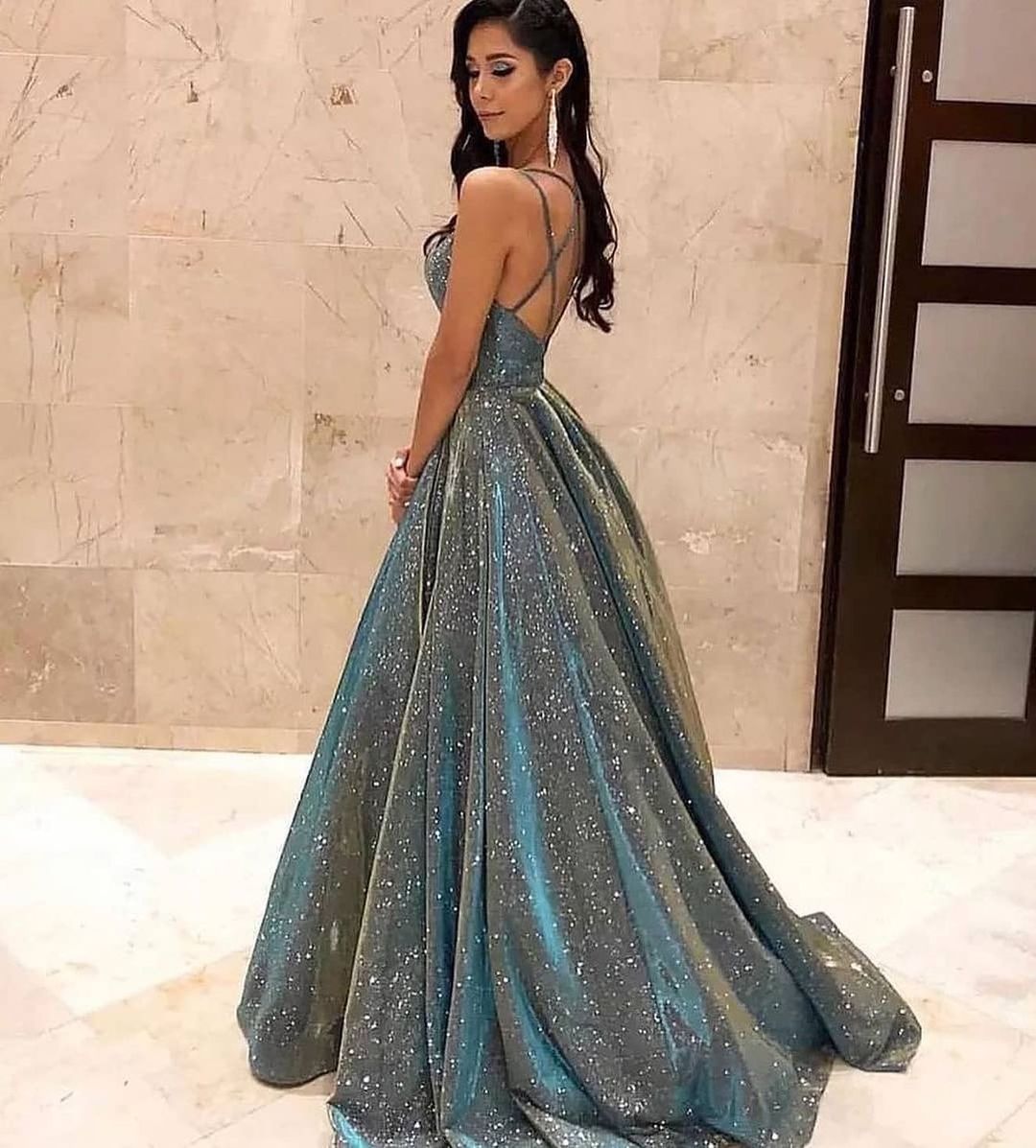 Long A-line V-neck Backless Floor Length Prom Dress With Ruffles