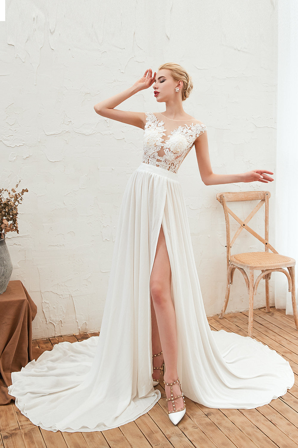 Long Tulle High Slit Appliques Lace Chiffon A-line Wedding Dress