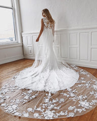 Elegant Long Tulle Lace Appliques White Mermaid Wedding Dresses