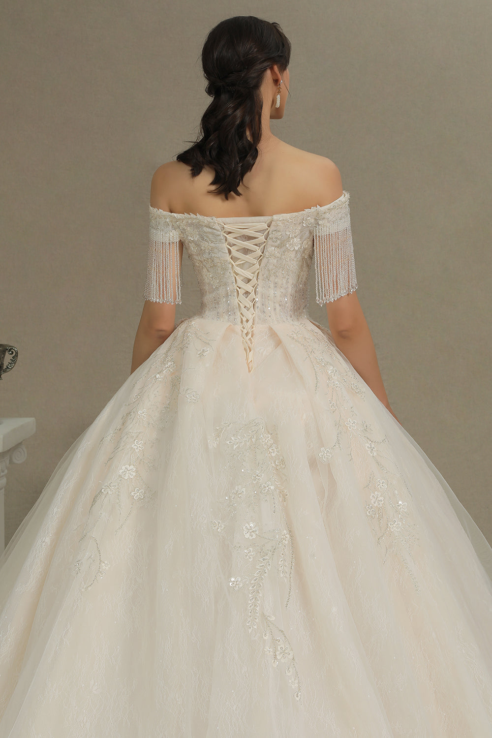Elegant Long Appliques Beads Off the Shoulder Tassel Ball Gown Wedding Dress