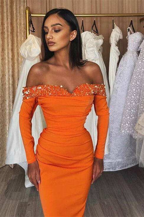 Orange Long Sleeves Mermaid Satin Beads Off the Shoulder Prom Dress