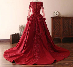 Long A-line Tulle Jewel Floral Appliques Lace Prom Dress with Sleeves