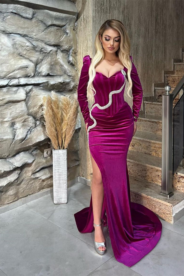 Long Sleeve Mermaid Sweetheart Satin Prom Dress with Split Side