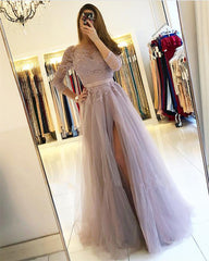 Chic Long Sleeve Lace A-Line Tulle Floor Length Prom Dress With Side Slit